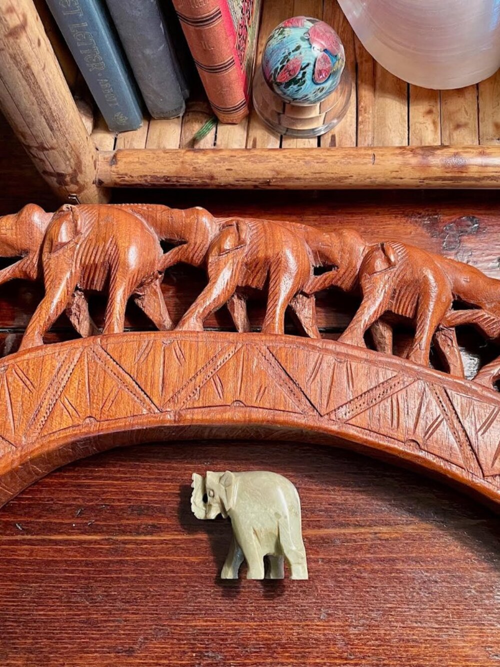 Carved Wood Elephant Bridge Decor + Stone Elephant Boho Tribal Shelf Piece